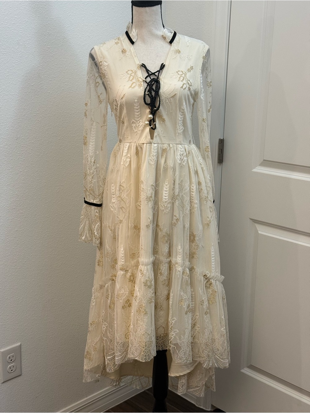 Ivory Lace Long Sleeve Tiered Midi Dress with Black Trim